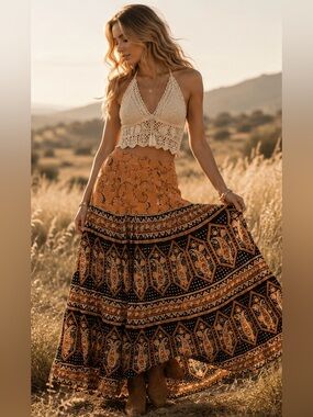 Arnhem Floral Bohemian Maxi Skirt Medium Black Orange Rayon Festival Gypsy Skirt